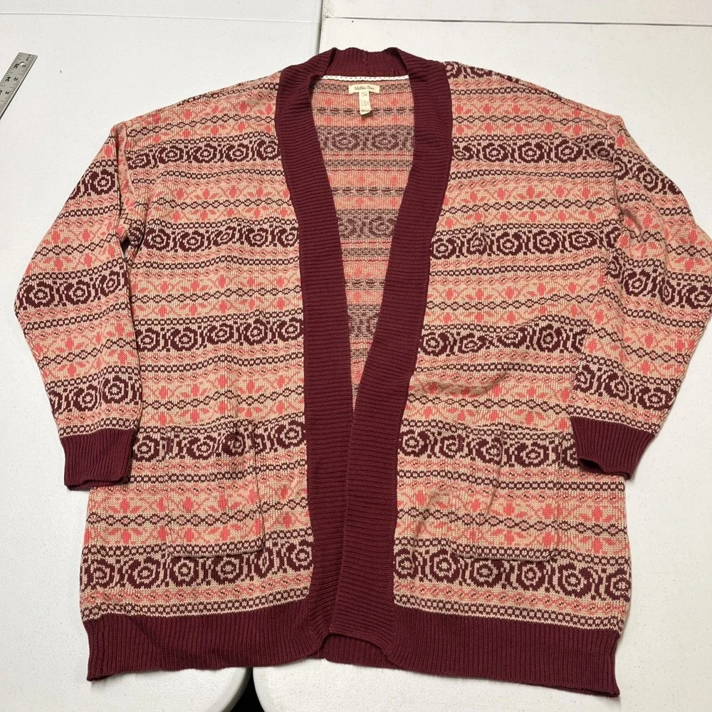 Matilda Jane Cardigan Maroon Fair Isle Open Front Size‎ L Comfort Casual Pockets